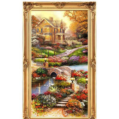 歐式玄關(guān)裝飾畫山水過道招財(cái)風(fēng)水靠山寶盆山豎版美式掛畫油畫壁畫